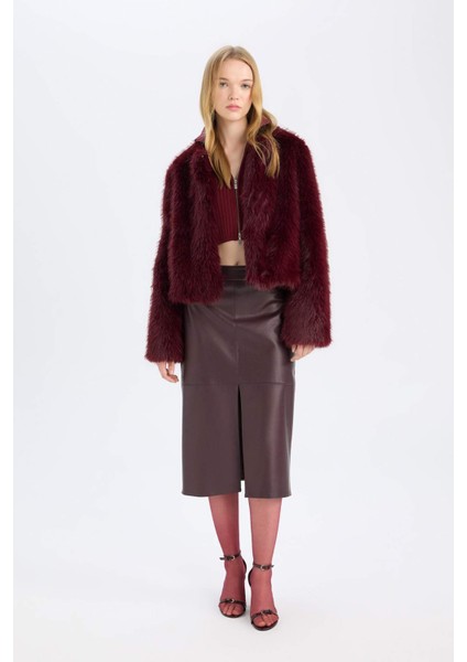 Yüksek Bel Penye Astarlı Yırtmaçlı Midi Suni Deri Bordo Kalem Etek D4638AX24AU