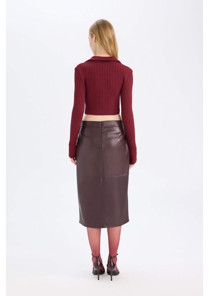 Yüksek Bel Penye Astarlı Yırtmaçlı Midi Suni Deri Bordo Kalem Etek D4638AX24AU