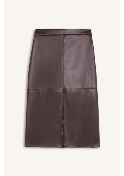 Yüksek Bel Penye Astarlı Yırtmaçlı Midi Suni Deri Bordo Kalem Etek D4638AX24AU