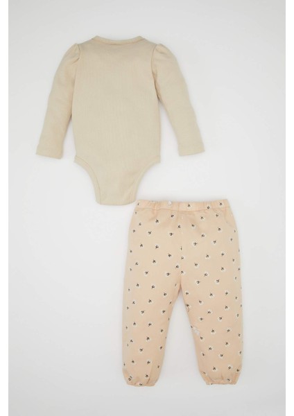 Kız Bebek 2'li Takım Twill Baskılı Uzun Kollu Çıtçıtlı Body Beli Lastikli Desenli Alt