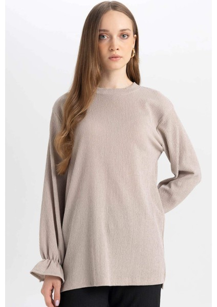 Bisiklet Yaka Kol Ucu Lastikli Bürümcük Uzun Kollu Bluz Tunik D4192AX24AU