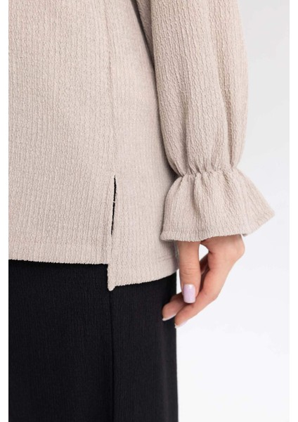 Bisiklet Yaka Kol Ucu Lastikli Bürümcük Uzun Kollu Bluz Tunik D4192AX24AU