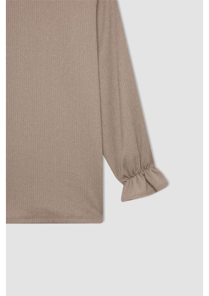 Bisiklet Yaka Kol Ucu Lastikli Bürümcük Uzun Kollu Bluz Tunik D4192AX24AU