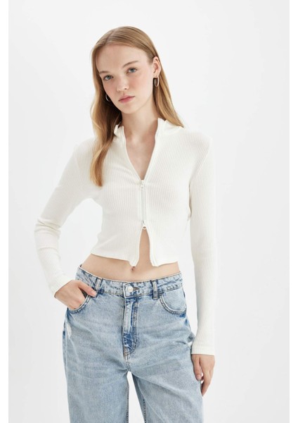Fitted Dik Yaka Basic Düz Fermuarlı Fitilli Kaşkorse Crop Beyaz Hırka