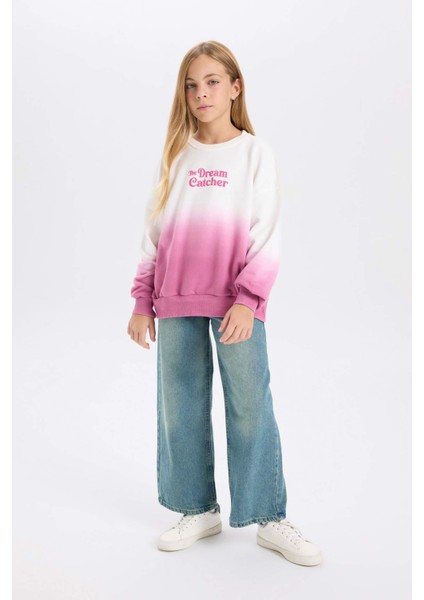 Kız Çocuk Oversize Geniş Kalıp Bisiklet Yaka Degrade Baskılı Sweatshirt D2887A824WN