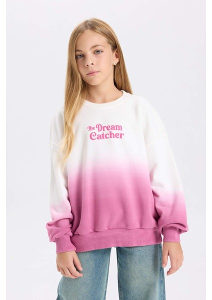 Kız Çocuk Oversize Geniş Kalıp Bisiklet Yaka Degrade Baskılı Sweatshirt D2887A824WN