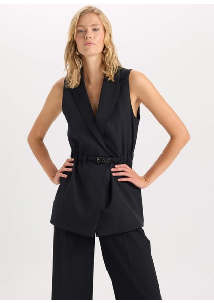 Ceket Yaka Basic Düz Kemerli Kolsuz Blazer Yelek D4784AX24AU