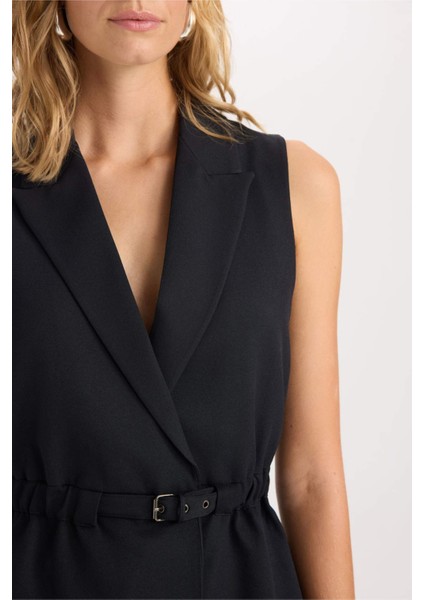 Ceket Yaka Basic Düz Kemerli Kolsuz Blazer Yelek D4784AX24AU