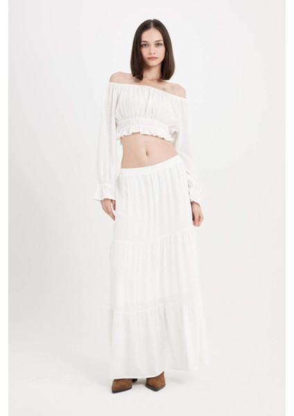 Regular Fit Omuzu Açık Krinkıl Kumaş Uzun Kollu Beyaz Bluz D5038AX24AU