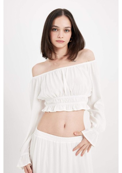 Regular Fit Omuzu Açık Krinkıl Kumaş Uzun Kollu Beyaz Bluz D5038AX24AU