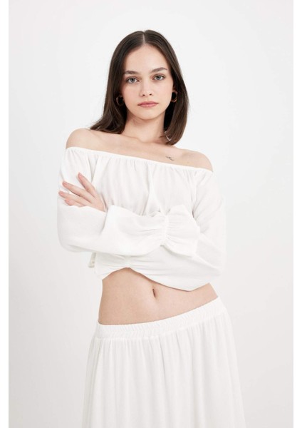 Regular Fit Omuzu Açık Krinkıl Kumaş Uzun Kollu Beyaz Bluz D5038AX24AU