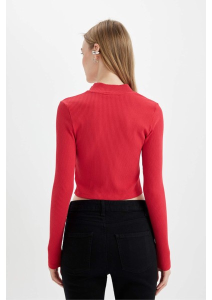 Fitted Dik Yaka Basic Düz Fermuarlı Fitilli Kaşkorse Crop Kırmızı Hırka D5124AX24AU