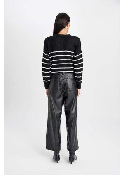 Suni Deri Pantolon Culotte Çift Cepli Yüksek Bel Geniş Paça D4806AX24AU