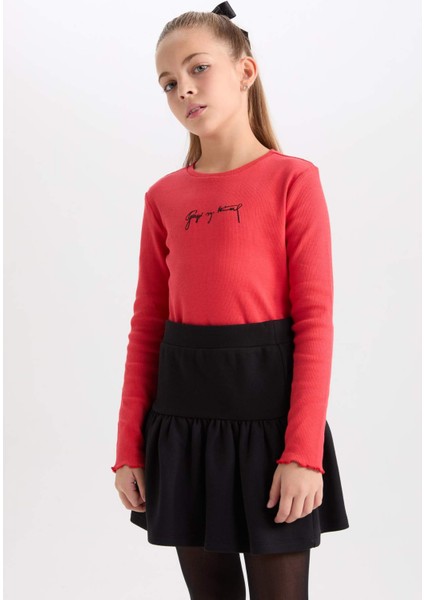 Kız Çocuk 29 Ekim Cumhuriyet Bayramı 2'li Takım Bisiklet Yaka Atatürk Nakışlı Kırmızı Ribana Uzun Kollu Tişört Fiyonk Toka D4188A824WN