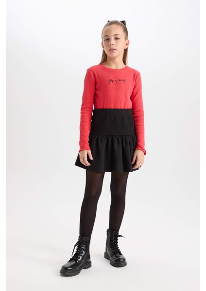 Kız Çocuk 29 Ekim Cumhuriyet Bayramı 2'li Takım Bisiklet Yaka Atatürk Nakışlı Kırmızı Ribana Uzun Kollu Tişört Fiyonk Toka D4188A824WN