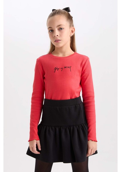 Kız Çocuk 29 Ekim Cumhuriyet Bayramı 2'li Takım Bisiklet Yaka Atatürk Nakışlı Kırmızı Ribana Uzun Kollu Tişört Fiyonk Toka D4188A824WN