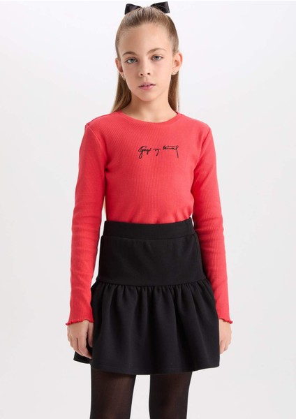 Kız Çocuk 29 Ekim Cumhuriyet Bayramı 2'li Takım Bisiklet Yaka Atatürk Nakışlı Kırmızı Ribana Uzun Kollu Tişört Fiyonk Toka D4188A824WN