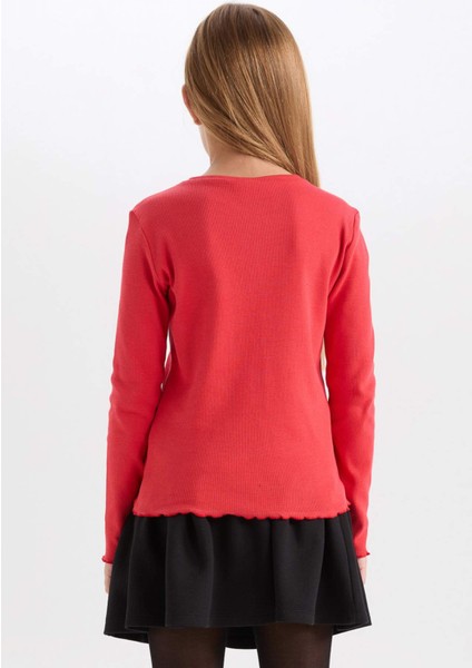 Kız Çocuk 29 Ekim Cumhuriyet Bayramı 2'li Takım Bisiklet Yaka Atatürk Nakışlı Kırmızı Ribana Uzun Kollu Tişört Fiyonk Toka D4188A824WN