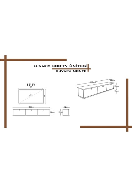 Lunaris Tv Ünitesi - Tv Sehpası 200 cm Duvara Monte %100 Mdf fırsatları