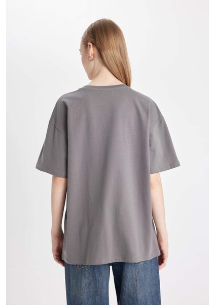 Oversize Geniş Kalıp Bisiklet Yaka Baskılı Kısa Kollu Tişört