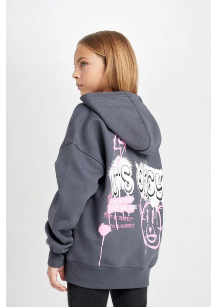 Kız Çocuk Oversize Geniş Kalıp Sırt Baskılı Kapüşonlu Sweatshirt D2881A824WN