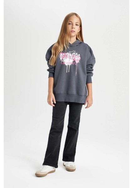 Kız Çocuk Oversize Geniş Kalıp Sırt Baskılı Kapüşonlu Sweatshirt D2881A824WN