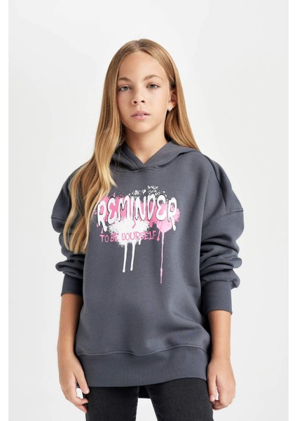 Kız Çocuk Oversize Geniş Kalıp Sırt Baskılı Kapüşonlu Sweatshirt D2881A824WN