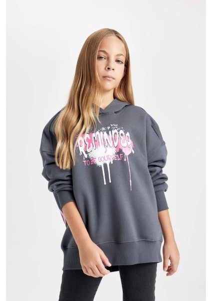 Kız Çocuk Oversize Geniş Kalıp Sırt Baskılı Kapüşonlu Sweatshirt D2881A824WN