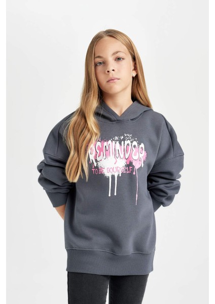 Kız Çocuk Oversize Geniş Kalıp Sırt Baskılı Kapüşonlu Sweatshirt D2881A824WN