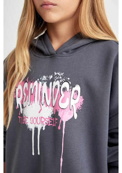 Kız Çocuk Oversize Geniş Kalıp Sırt Baskılı Kapüşonlu Sweatshirt D2881A824WN