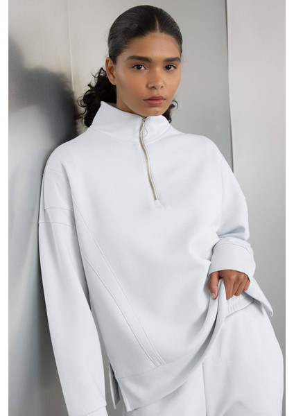 Fit Oversize Geniş Kalıp Fermuarlı Dik Yaka Skuba Dalgıç Kumaş Sporcu Basic Düz Sweatshirt C9404AX24AU