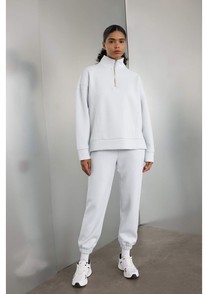 Fit Oversize Geniş Kalıp Fermuarlı Dik Yaka Skuba Dalgıç Kumaş Sporcu Basic Düz Sweatshirt C9404AX24AU