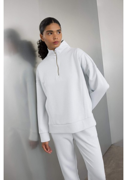 Fit Oversize Geniş Kalıp Fermuarlı Dik Yaka Skuba Dalgıç Kumaş Sporcu Basic Düz Sweatshirt C9404AX24AU