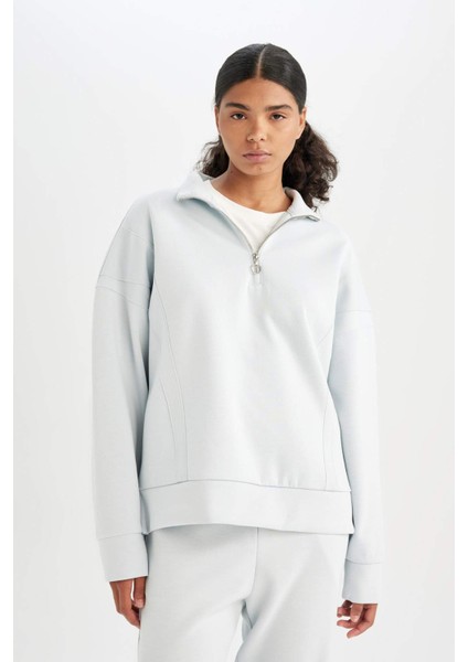 Fit Oversize Geniş Kalıp Fermuarlı Dik Yaka Skuba Dalgıç Kumaş Sporcu Basic Düz Sweatshirt C9404AX24AU