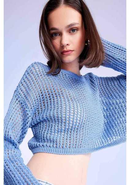 Regular Fit Bisiklet Yaka Kroşe Ajurlu Delikli Crop Triko Kazak T4513AZ24AU