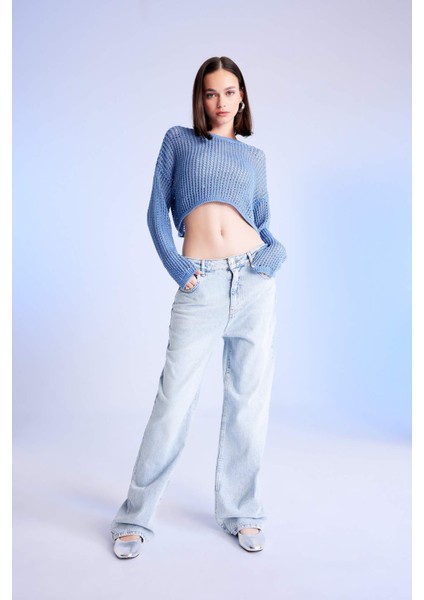 Regular Fit Bisiklet Yaka Kroşe Ajurlu Delikli Crop Triko Kazak T4513AZ24AU