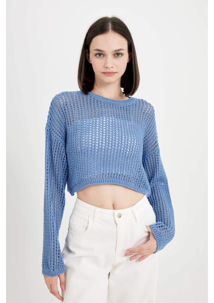 Regular Fit Bisiklet Yaka Kroşe Ajurlu Delikli Crop Triko Kazak T4513AZ24AU