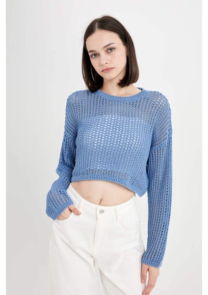 Regular Fit Bisiklet Yaka Kroşe Ajurlu Delikli Crop Triko Kazak T4513AZ24AU