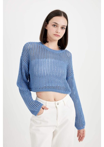 Regular Fit Bisiklet Yaka Kroşe Ajurlu Delikli Crop Triko Kazak T4513AZ24AU