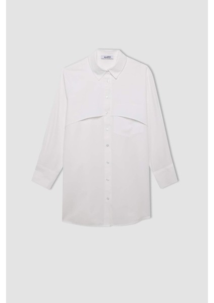 Relax Fit Gömlek Yaka Poplin Basic Düz Uzun Kollu Beyaz Gömlek Tunik D4773AX24AU