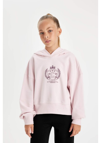 Kız Çocuk Oversize Geniş Kalıp Kapüşonlu İşlemeli Sweatshirt D2885A824WN