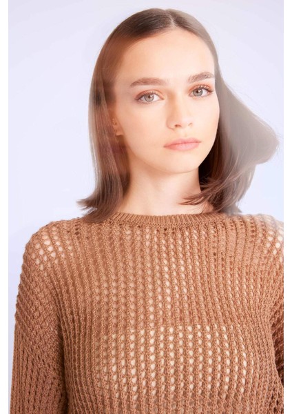 Regular Fit Bisiklet Yaka Kroşe Ajurlu Delikli Crop Triko Kazak T4513AZ24AU