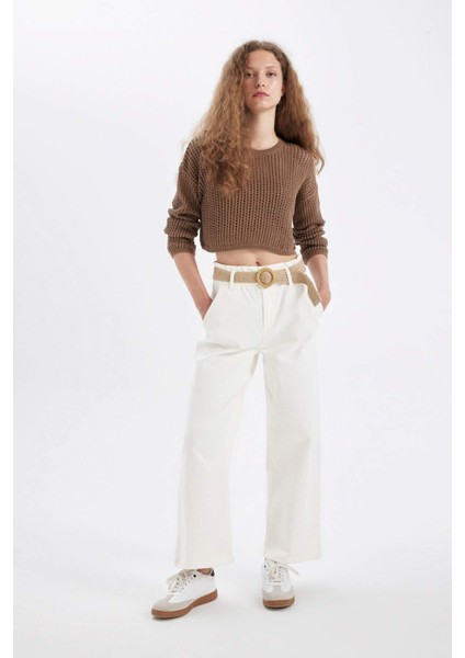 Regular Fit Bisiklet Yaka Kroşe Ajurlu Delikli Crop Triko Kazak T4513AZ24AU