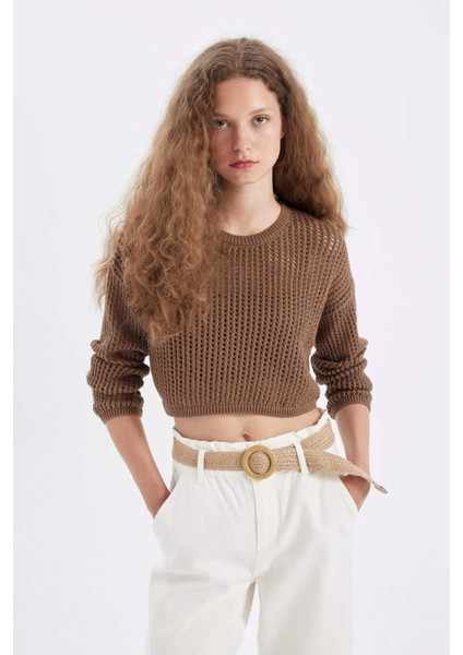 Regular Fit Bisiklet Yaka Kroşe Ajurlu Delikli Crop Triko Kazak T4513AZ24AU