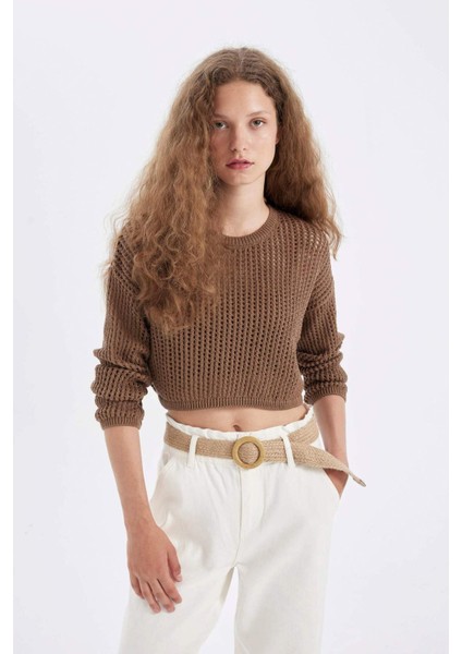 Regular Fit Bisiklet Yaka Kroşe Ajurlu Delikli Crop Triko Kazak T4513AZ24AU