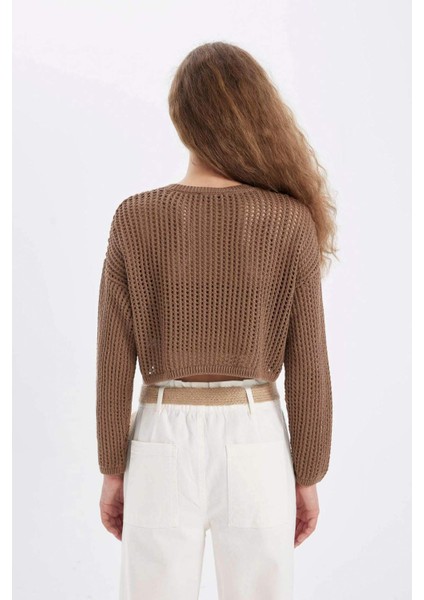 Regular Fit Bisiklet Yaka Kroşe Ajurlu Delikli Crop Triko Kazak T4513AZ24AU