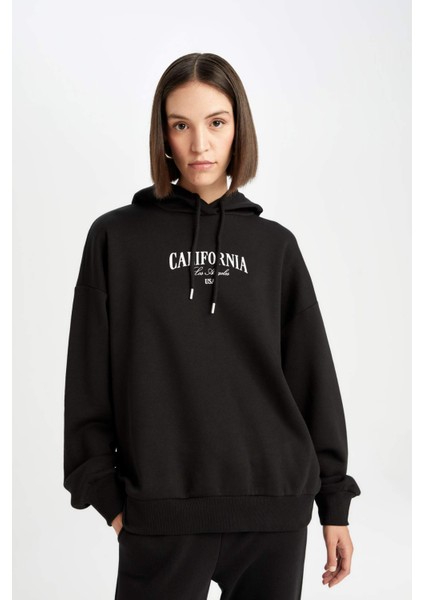 Oversize Geniş Kalıp Kapüşonlu Baskılı Kalın Sweatshirt D5293AX24AU