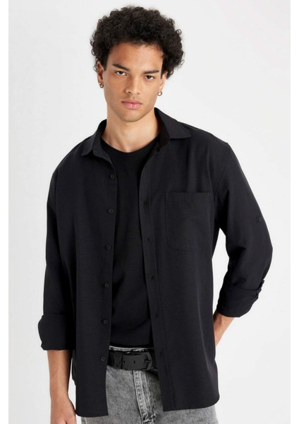 Regular Fit Düğmeli Yaka Basic Düz Pamuk Karışımlı Uzun Kollu Siyah Gömlek D4183AX24AU