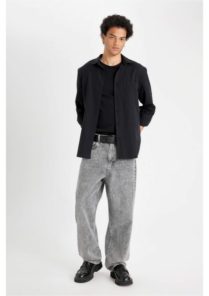 Regular Fit Düğmeli Yaka Basic Düz Pamuk Karışımlı Uzun Kollu Siyah Gömlek D4183AX24AU