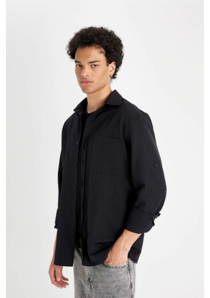Regular Fit Düğmeli Yaka Basic Düz Pamuk Karışımlı Uzun Kollu Siyah Gömlek D4183AX24AU